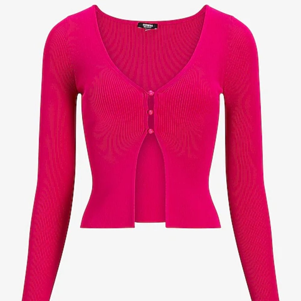 Sale! Express Body Contour Ribbed Button Front Cardigan in Neon Berry - Large